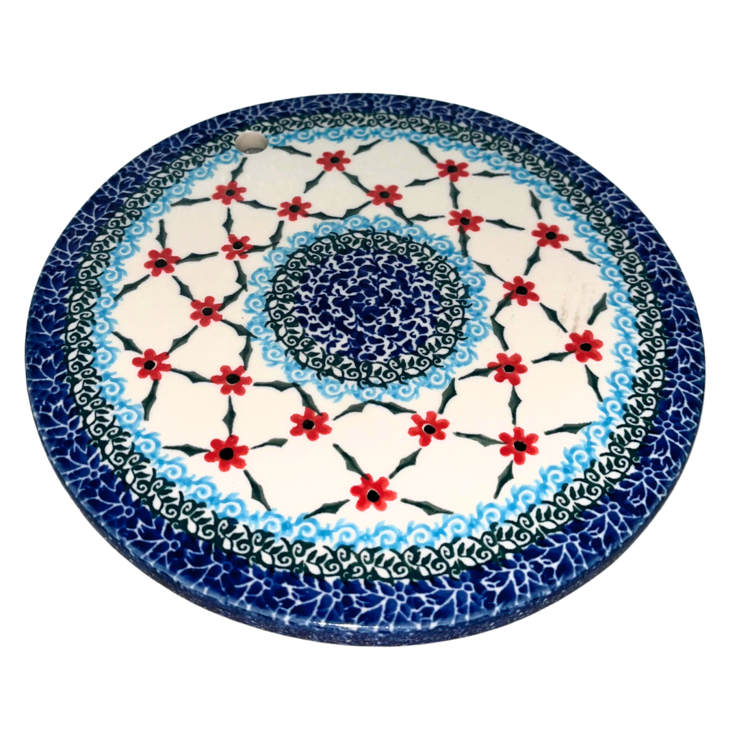 Ceramika Artystyczna Pattern 1494 Garden Trellis features red blossoms, green lattice vines, and cobalt blue borders. Handcrafted Polish pottery from Bolesławiec, Poland.