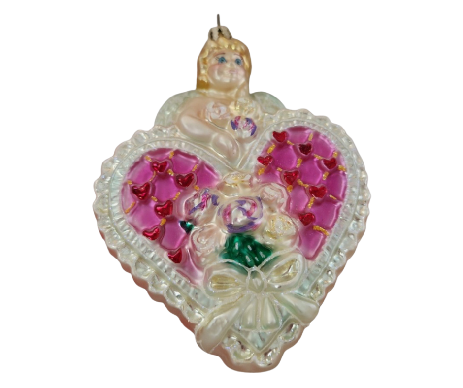 Christopher Radko Cupid’s Surprise ornament—hand-painted glass cherub with pink heart and flowers. Made in Poland, perfect for collectors and holiday romantics.