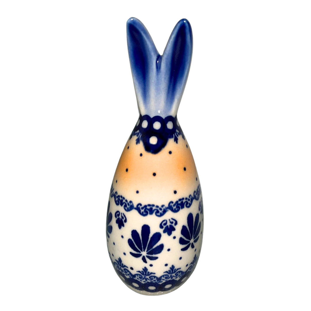 5.75" Polish pottery bunny by Kaola, hand-painted in cobalt patterns & peach accents, signed A K. Glossy, durable, collectible ceramic figurine.