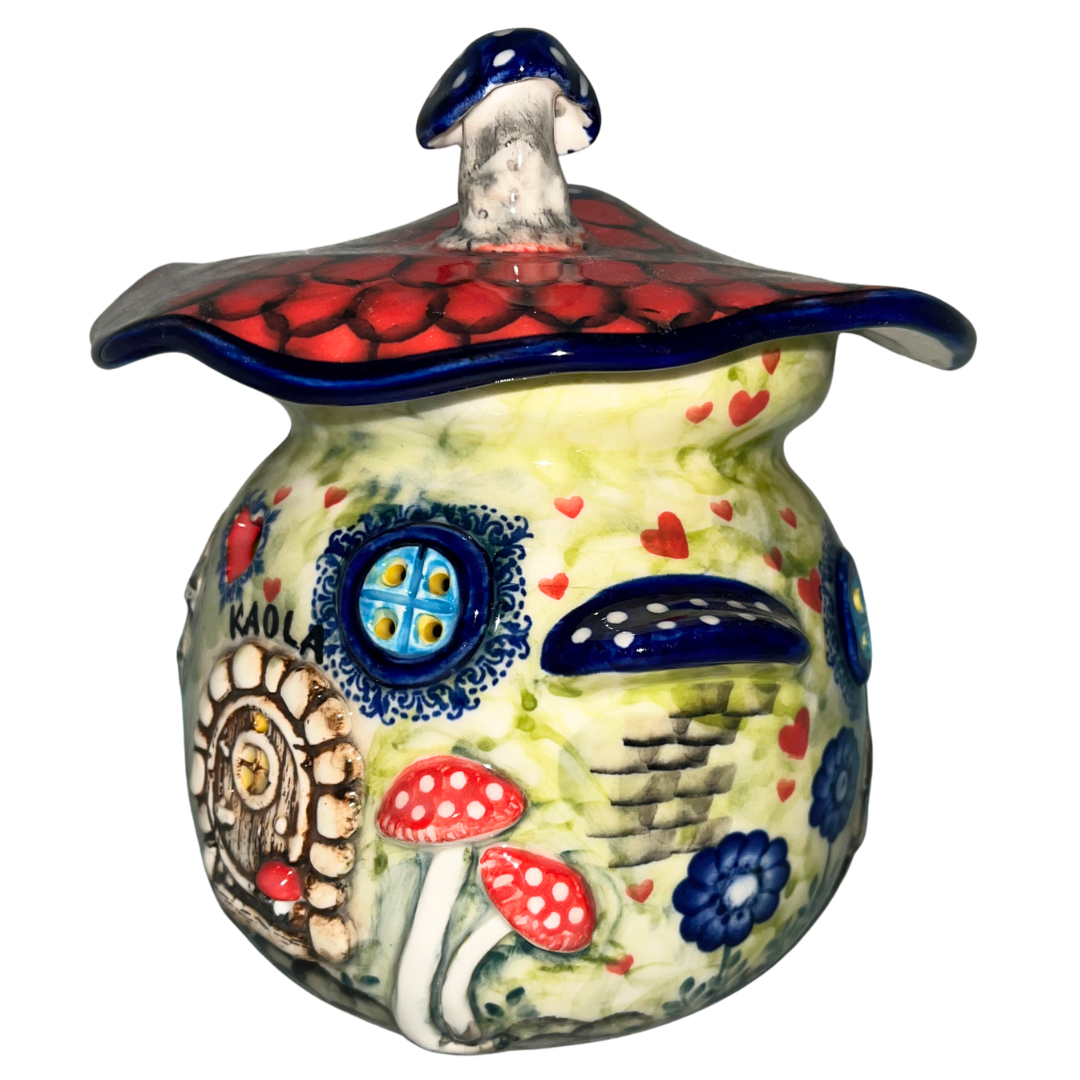 Limited Edition 2026 Kaola Studio tea light house, hand-painted and signed by Aga K. A whimsical Polish pottery collectible that glows beautifully with a tea light.