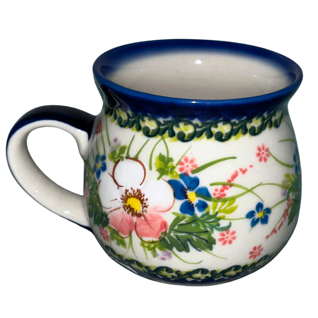 Kalich Polish Pottery 17 oz Bubble Mug in Pink Ruffle pattern 755. Oven dishwasher and microwave safe.