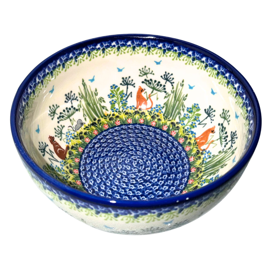 KALICH Polish Pottery 8 inch Bowl in Polka Cat & Mouse 1257