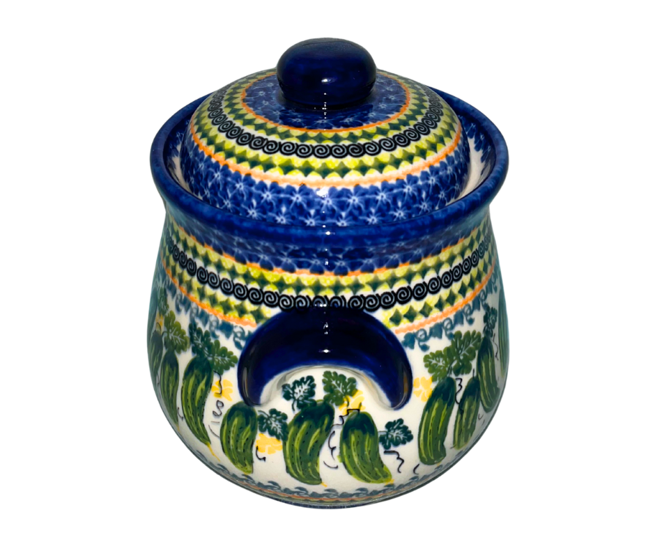 Kalich Polish Pottery 101 oz Pickle Jar – hand-painted cucumbers. Food-safe stoneware from Bolesławiec, perfect for pickling, storage, and home décor. Dishwasher safe.