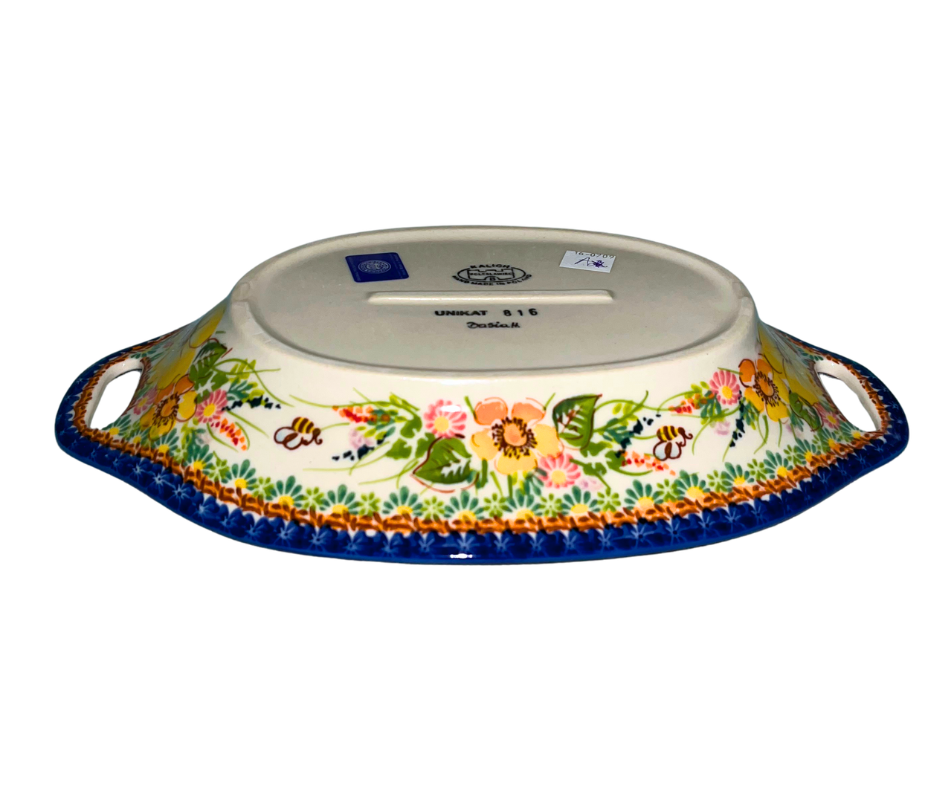 Kalich Polish Pottery 816 Golden Blossom Bee with yellow-apricot flowers, bee accents, and green foliage, framed by cobalt rim and detailed borders; hand-painted warm floral garden design.