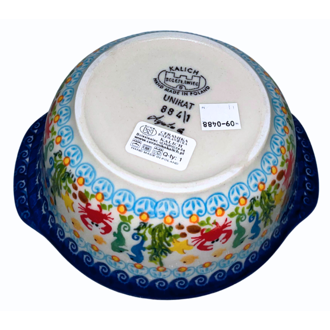 Handmade Ceramika Kalich Polish pottery in Pattern 884 Sealife with Red Crabs. Colorful coastal design featuring seahorses, starfish, and crabs. Microwave and dishwasher safe stoneware.