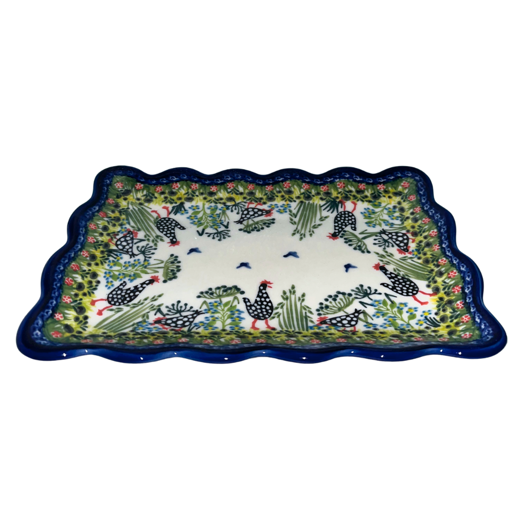 Ceramika Kalich Pattern 950 Polka Chicken Polish pottery with hand-painted hens and floral garden design. Authentic Bolesławiec stoneware, durable, dishwasher, microwave, and oven safe.