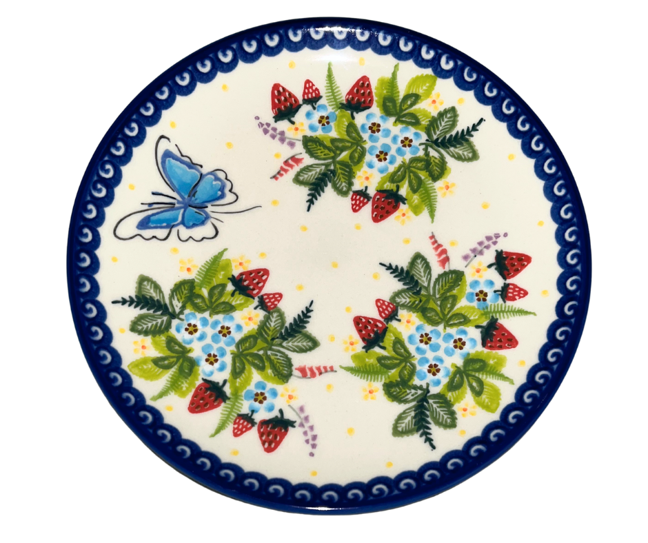 Ceramika Kalich Pattern 1085 Summer Strawberries Polish pottery with hand-painted strawberries, blossoms, and butterfly. Authentic Bolesławiec stoneware, dishwasher, microwave, and oven safe.
