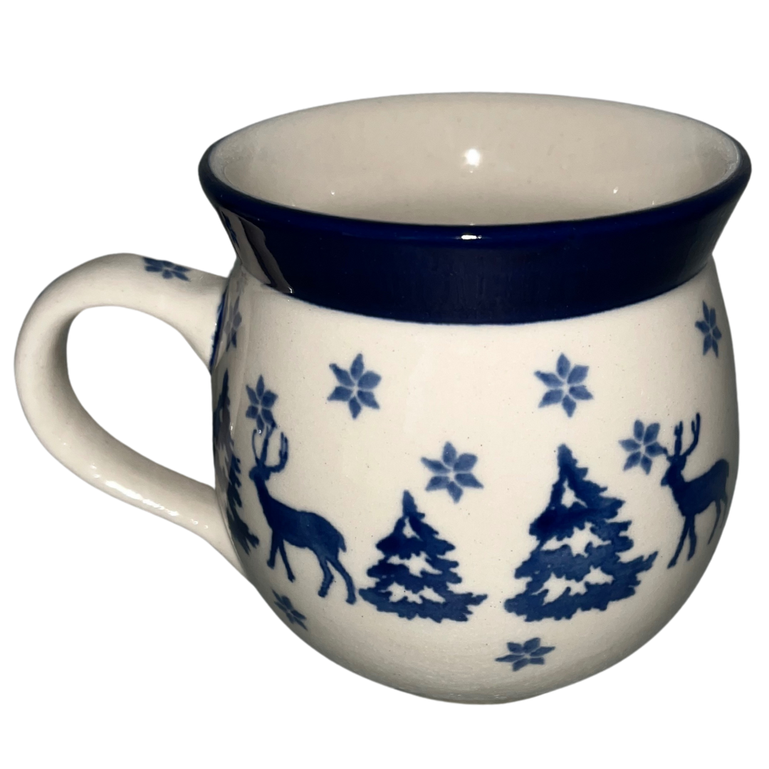 Ceramika Artystyczna Polish pottery Pattern 1913x Snowy Pines with blue winter forest and snowflakes. Handmade, durable, and perfect for everyday or holiday use.