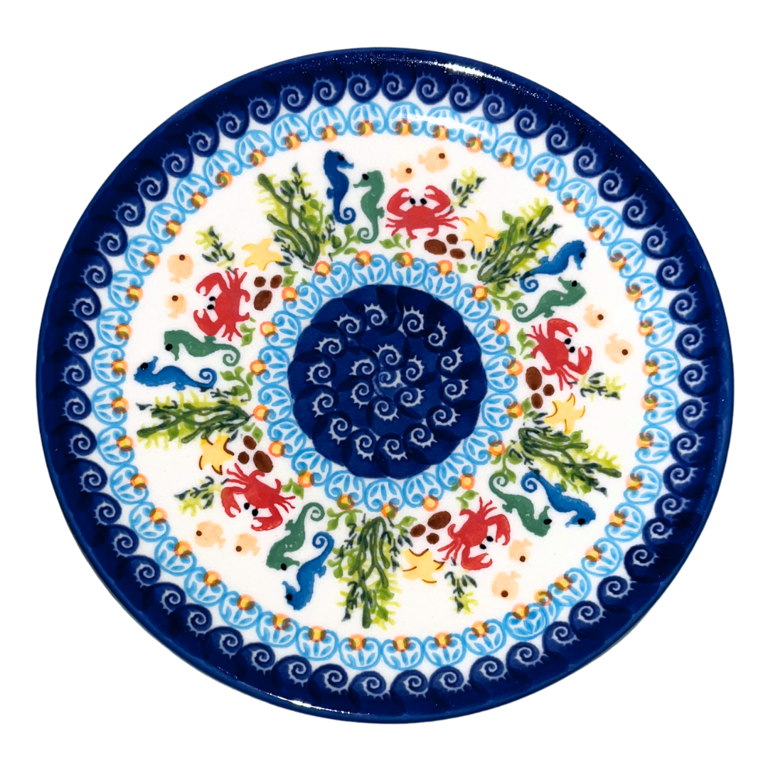 Handmade Ceramika Kalich Polish pottery in Pattern 884 Sealife with Red Crabs. Colorful coastal design featuring seahorses, starfish, and crabs. Microwave and dishwasher safe stoneware.