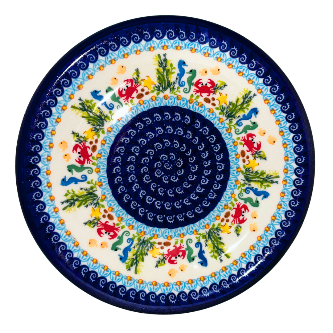 Handmade Ceramika Kalich Polish pottery in Pattern 884 Sealife with Red Crabs. Colorful coastal design featuring seahorses, starfish, and crabs. Microwave and dishwasher safe stoneware.