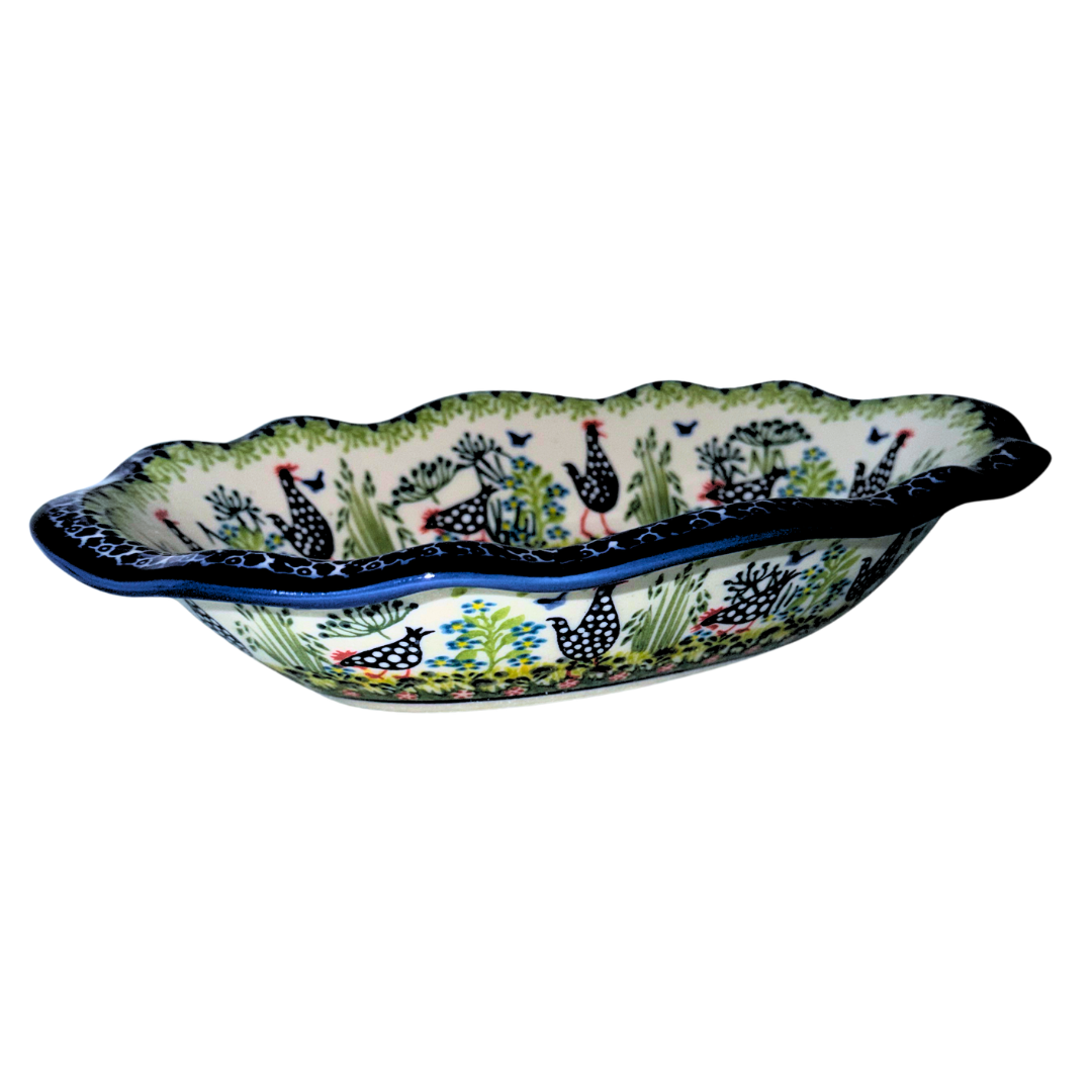 Ceramika Kalich Pattern 950 Polka Chicken Polish pottery with hand-painted hens and floral garden design. Authentic Bolesławiec stoneware, durable, dishwasher, microwave, and oven safe.