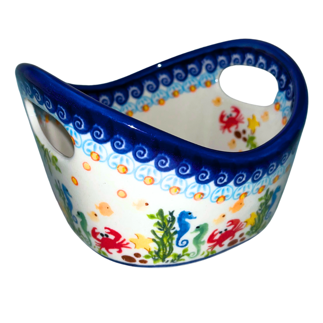 Handmade Ceramika Kalich Polish pottery in Pattern 884 Sealife with Red Crabs. Colorful coastal design featuring seahorses, starfish, and crabs. Microwave and dishwasher safe stoneware.