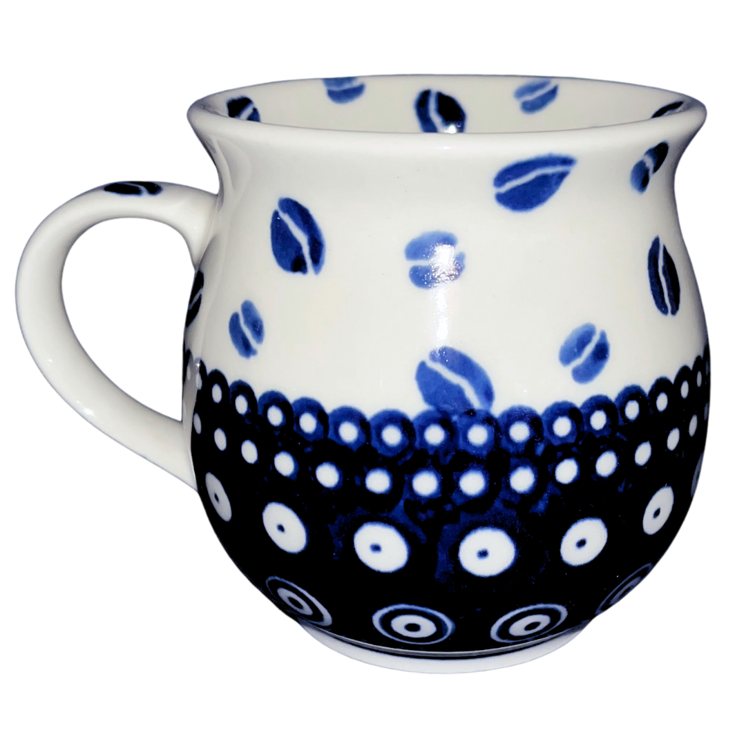 Handmade Kaola Polish Pottery in the Blue Coffee Beans pattern. Authentic Bolesławiec stoneware featuring hand-painted cobalt blue coffee bean motifs.
