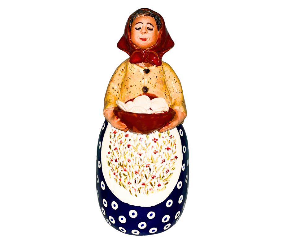 Polish Grannie - Babcia - holding a bowl of Pierogi  Handsculpted Handpainted Folk Art