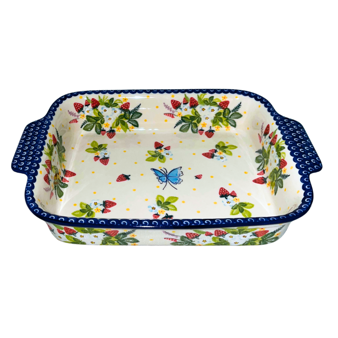 Ceramika Kalich Pattern 1085 Summer Strawberries Polish pottery with hand-painted strawberries, blossoms, and butterfly. Authentic Bolesławiec stoneware, dishwasher, microwave, and oven safe.