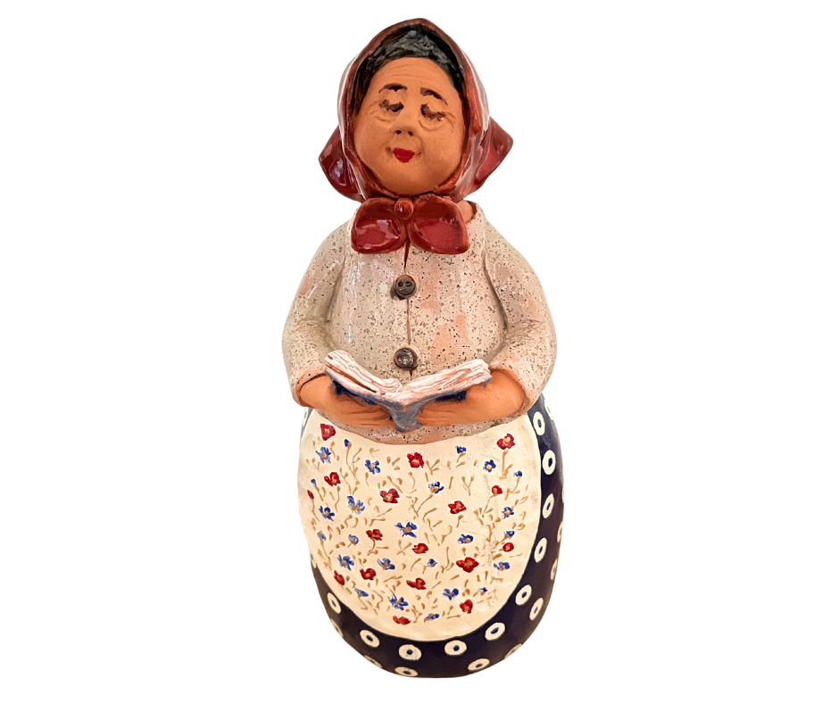 Handmade 12″ Polish Babcia figurine holding a book. Hand-painted ceramic collectible from Poland. Folk art décor.