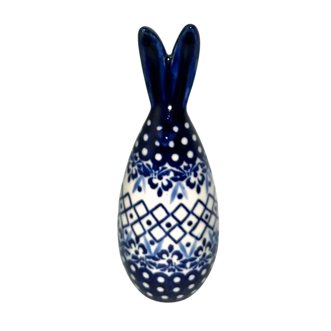 5.75" Polish pottery bunny by Kaola, hand-painted in cobalt lattice patterns, signed P P. Glossy, durable, collectible ceramic figurine.