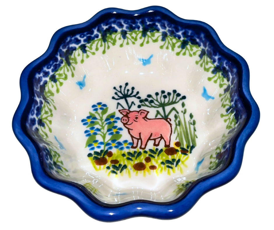 Kalich Polish Pottery Small Fluted Bowl Little Piggy pattern. Hand-painted pink pig with wildflowers and butterflies. Durable stoneware. Microwave, dishwasher, oven safe.