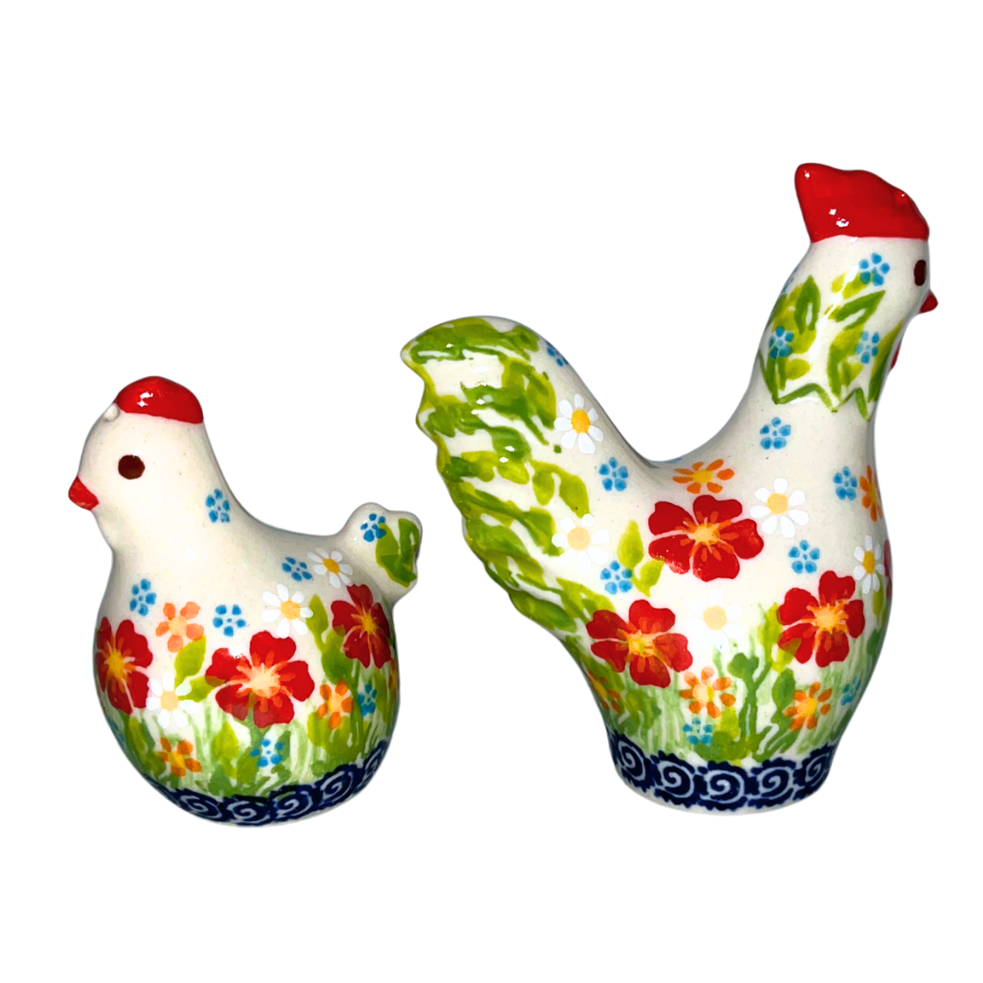 Hand-painted rooster and chicken salt & pepper set in floral design. Polish pottery stoneware, decorative and functional kitchen accent, farmhouse style.