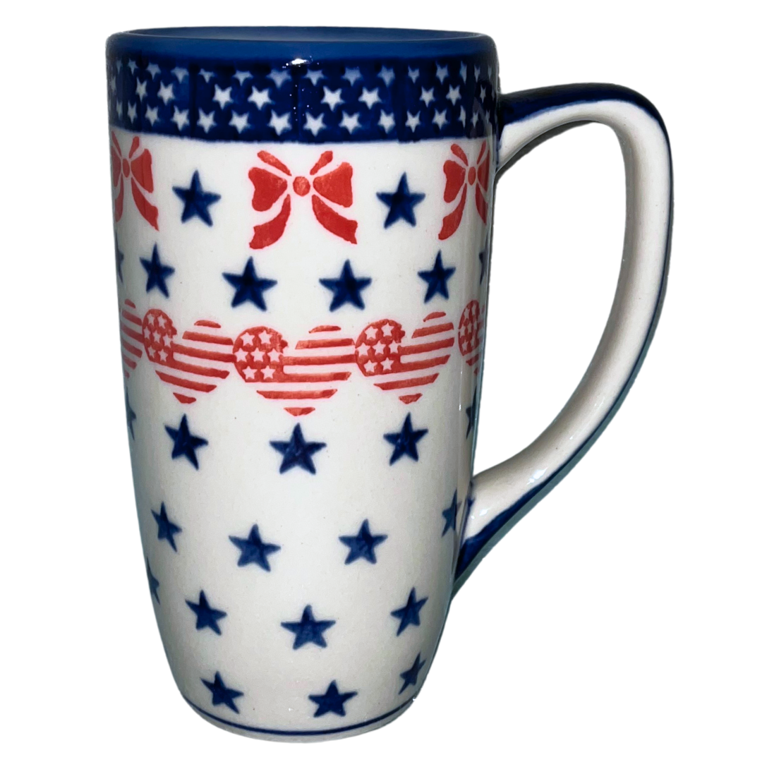 KALICH Polish Pottery 12 oz Tall Latte Mug in Stars & Stripes & Bows.