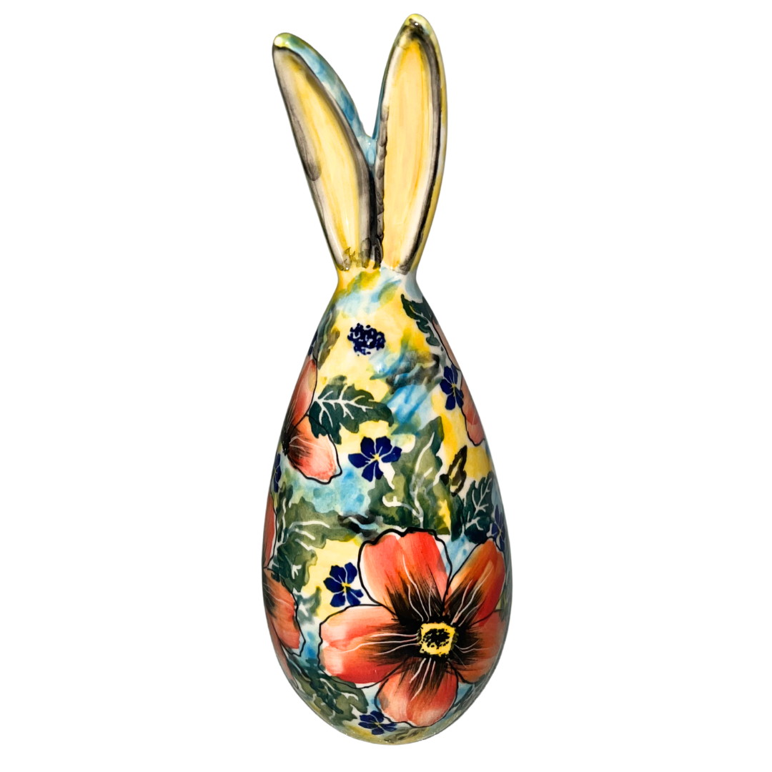 Kaola Studio Polish Pottery 9 inch Tall Ears Bunny Blue Yellow & Coral Flowers Limited Edition signed by Aga K 2025