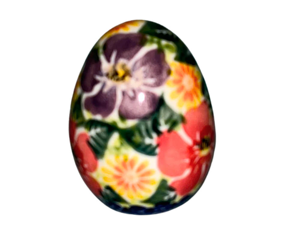 KALICH POLISH POTTERY Egg - 3". Red Gold & Violet Flowers