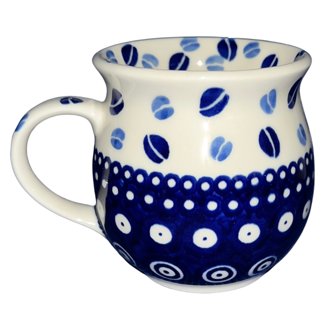 Handmade Kaola Polish Pottery in the Blue Coffee Beans pattern. Authentic Bolesławiec stoneware featuring hand-painted cobalt blue coffee bean motifs.