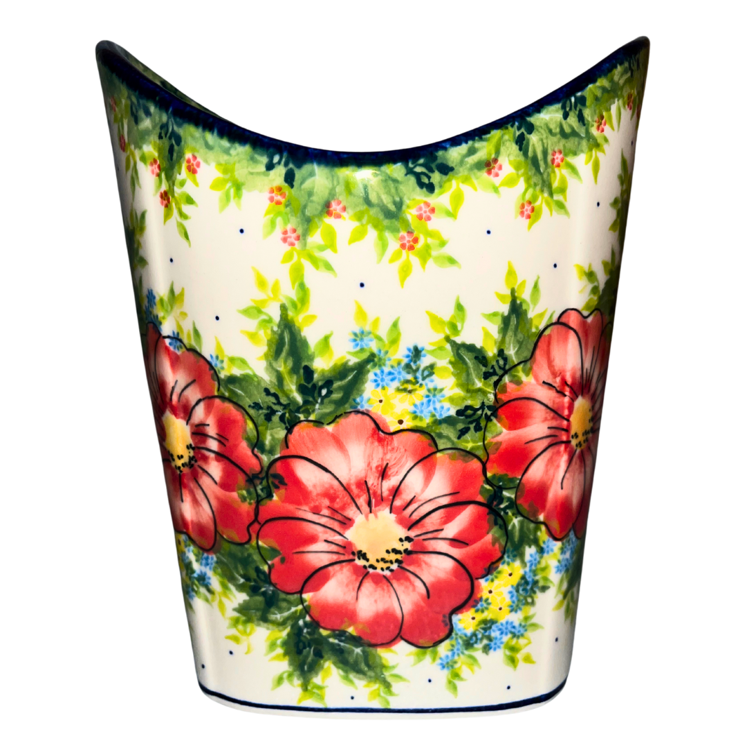 Kalich Polish Pottery Pattern 730 Red Poppy Garden, hand-painted red floral design with green foliage and cobalt accents, Bolesławiec stoneware, durable, dishwasher and microwave safe.