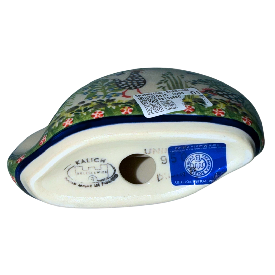 Ceramika Kalich Pattern 950 Polka Chicken Polish pottery with hand-painted hens and floral garden design.