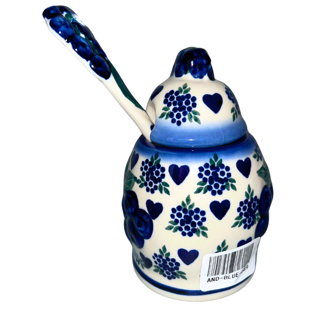 Blueberry Jam Jar with Spoon by Andy Ceramika. Made in Boleslawiec Poland. Handcrafted and hand painted.