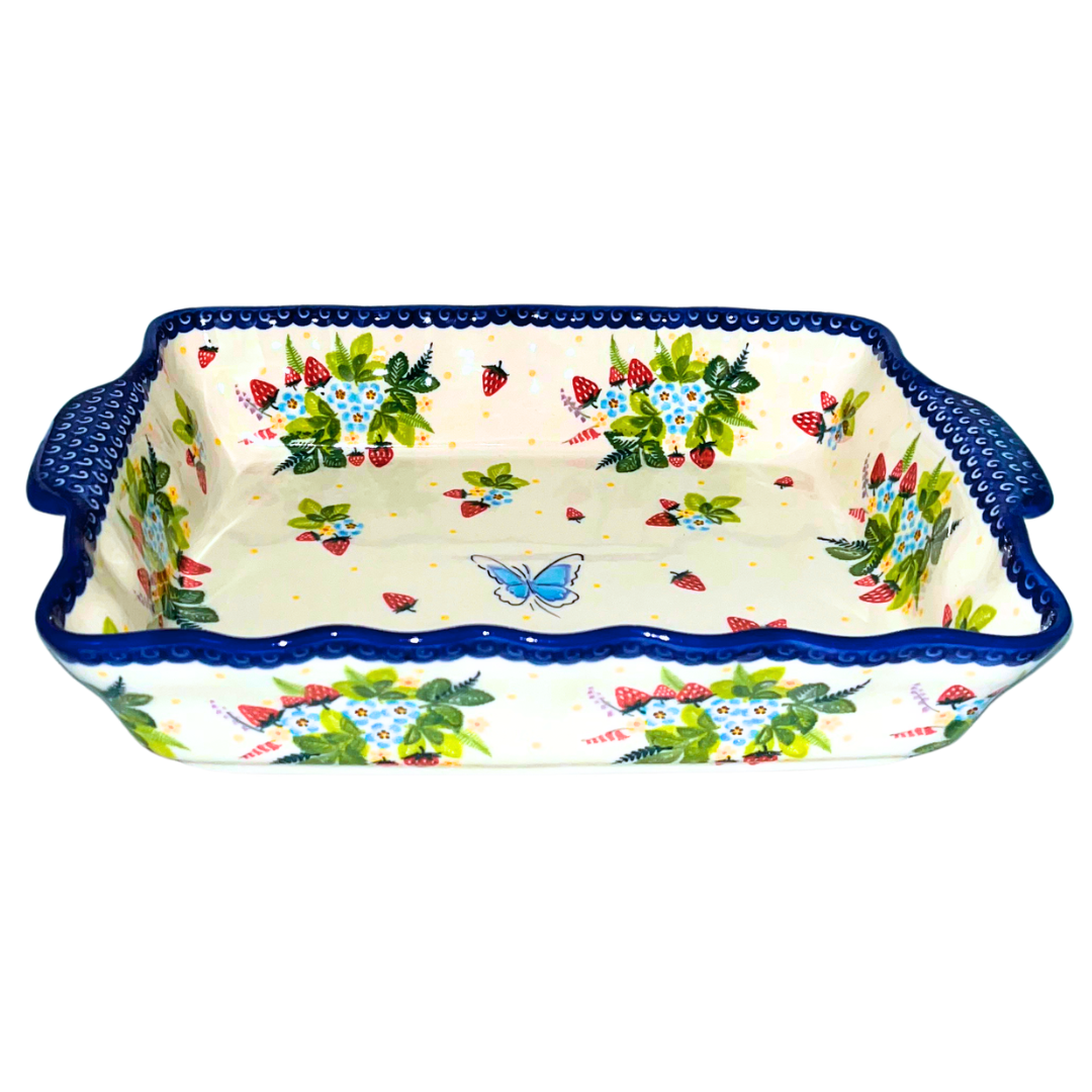 Ceramika Kalich Pattern 1085 Summer Strawberries Polish pottery with hand-painted strawberries, blossoms, and butterfly. Authentic Bolesławiec stoneware, dishwasher, microwave, and oven safe.