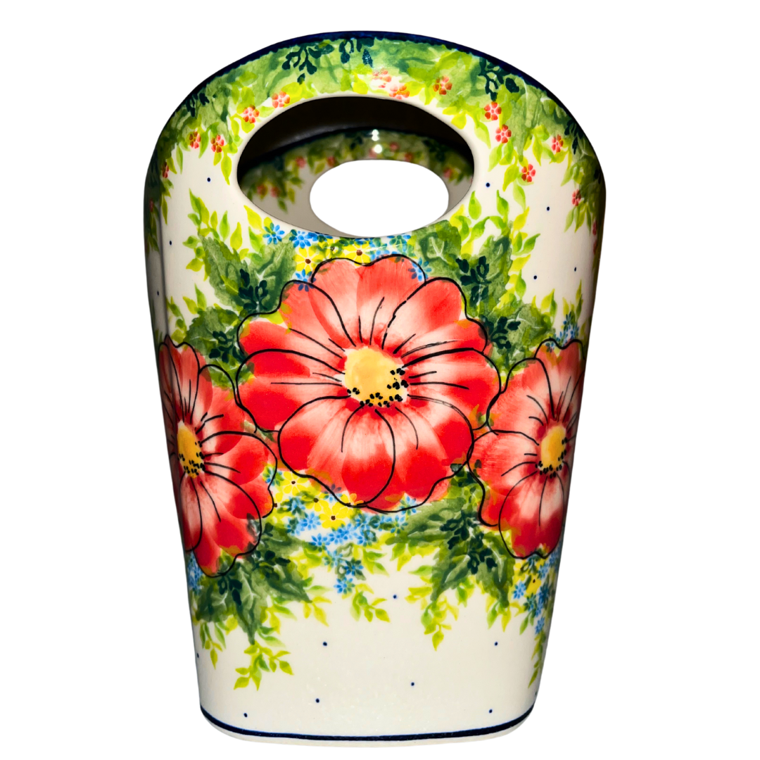 Kalich Polish Pottery Pattern 730 Red Poppy Garden, hand-painted red floral design with green foliage and cobalt accents, Bolesławiec stoneware, durable, dishwasher and microwave safe.