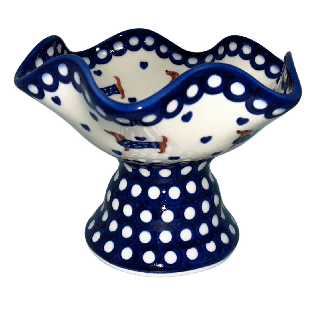 Ceramika Kalich Pattern 1322 Dachshunds features playful dachshunds in blue coats with scattered blue hearts and cobalt accents. Hand-painted Polish pottery from Poland.