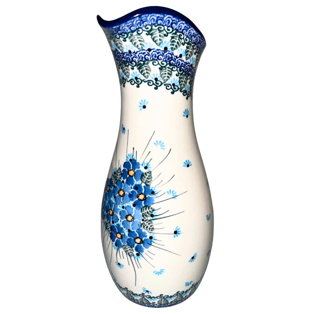 Hand-painted Polish pottery carafe in Ceramika Artystyczna pattern U4992 Forget-Me-Not. Authentic Bolesławiec stoneware.