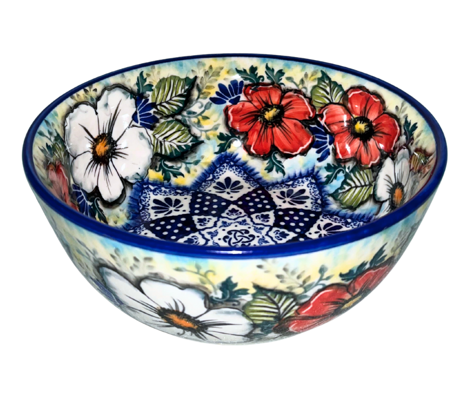 Limited Edition 2025 Kaola Polish Pottery bowl, signed by Aga K. Features a stamped blue mandala center and hand-painted red & white florals. Handmade in Poland.