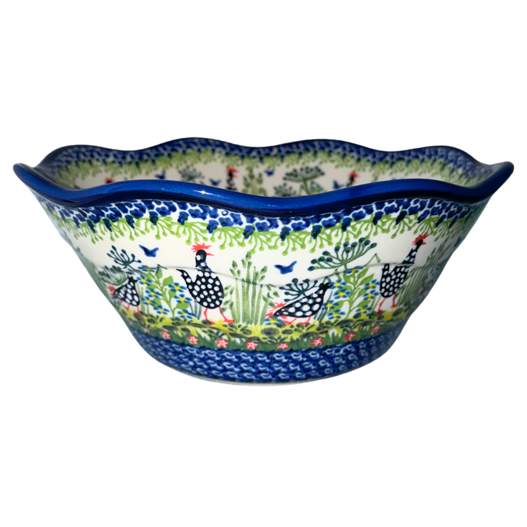 Ceramika Kalich Pattern 950 Polka Chicken Polish pottery with hand-painted hens and floral garden design. Authentic Bolesławiec stoneware, durable, dishwasher, microwave, and oven safe.