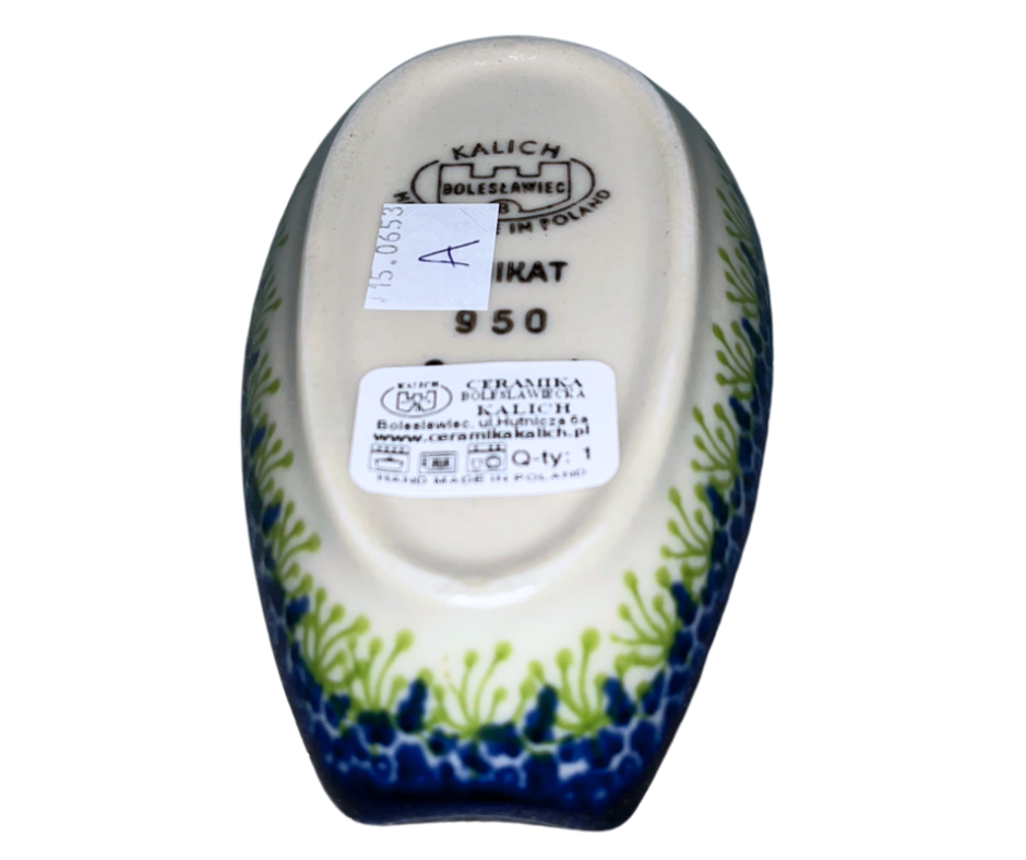 Kalich Pattern 950 5 inch spoon rest hand-painted hens and floral details. Authentic Polish stoneware, durable, oven, microwave & dishwasher safe.