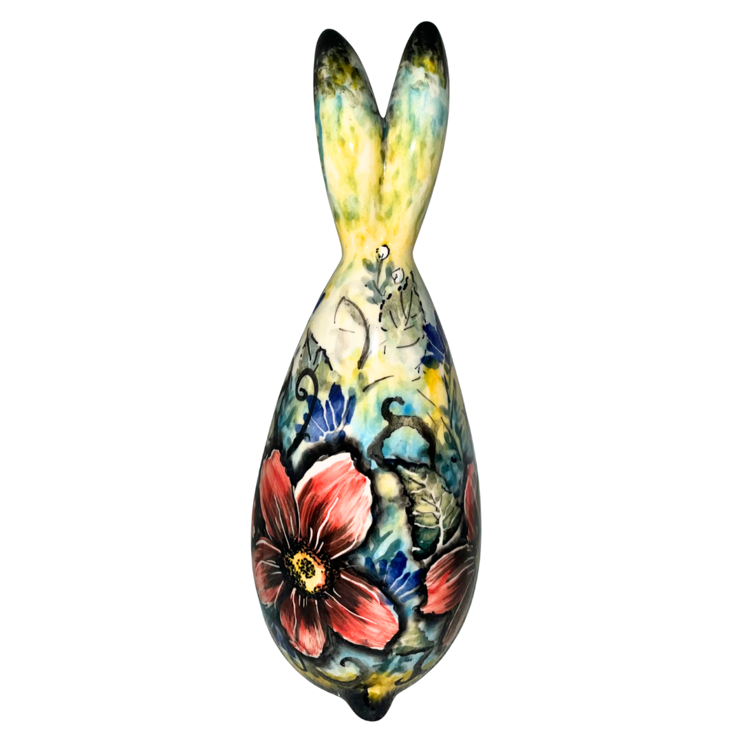 Handcrafted Kaola Studio 9" ceramic bunny, hand-painted floral design, limited edition, signed A Pachom 2025. Unique collectible home décor piece.