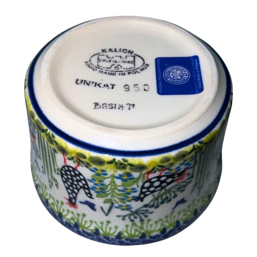 Ceramika Kalich Pattern 950 Polka Chicken Polish pottery with hand-painted hens and floral garden design.