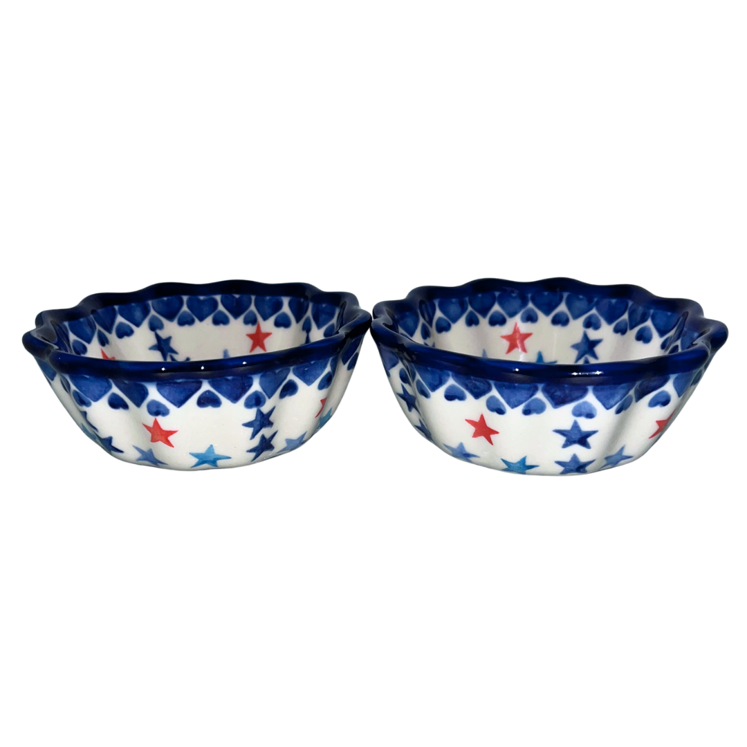 Set of 2 hand-painted 4" Polish pottery babka bowls in a patriotic Stars & Stripes pattern. Perfect for snacks, dips, or festive table décor.