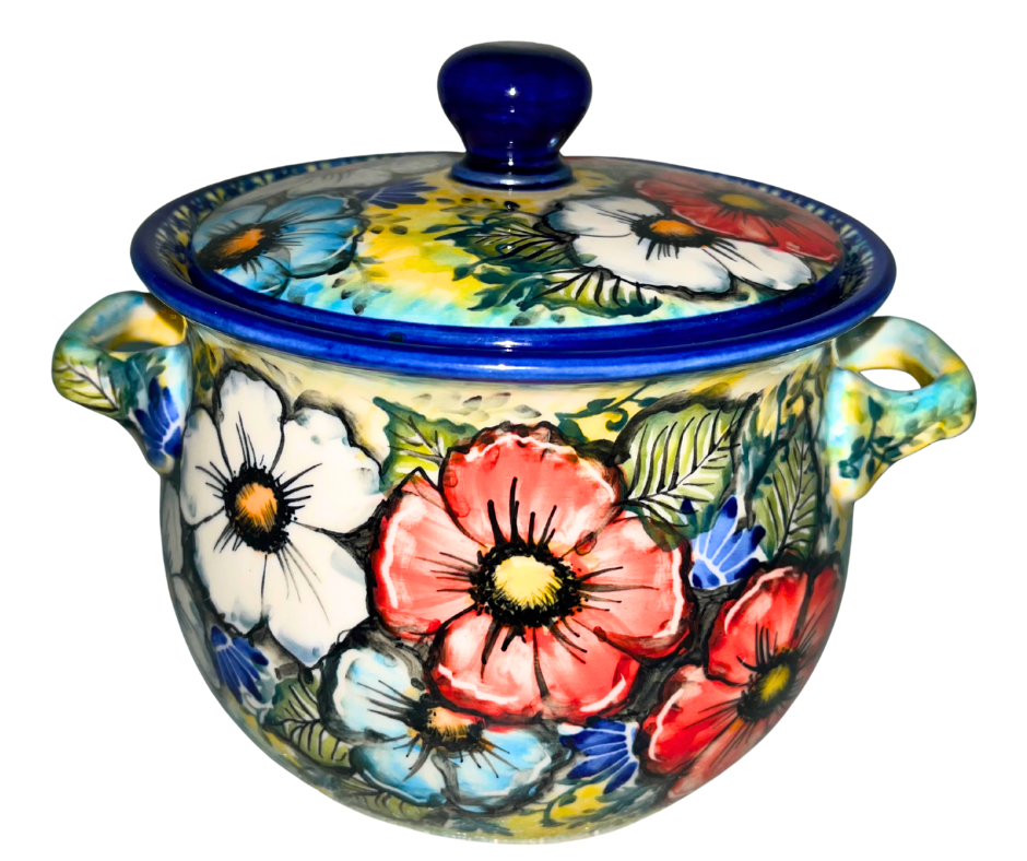 Kaola Studio Polish Pottery 7 X 7 X 7 Inch Container Jar with Lid Limited Edition 2025 Signed by Aga K. Red White Blue Florals