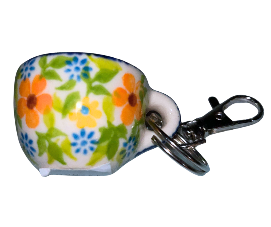 KALICH Polish Pottery Small Cup Key Chain - Yellow & Orange Flowers 7319