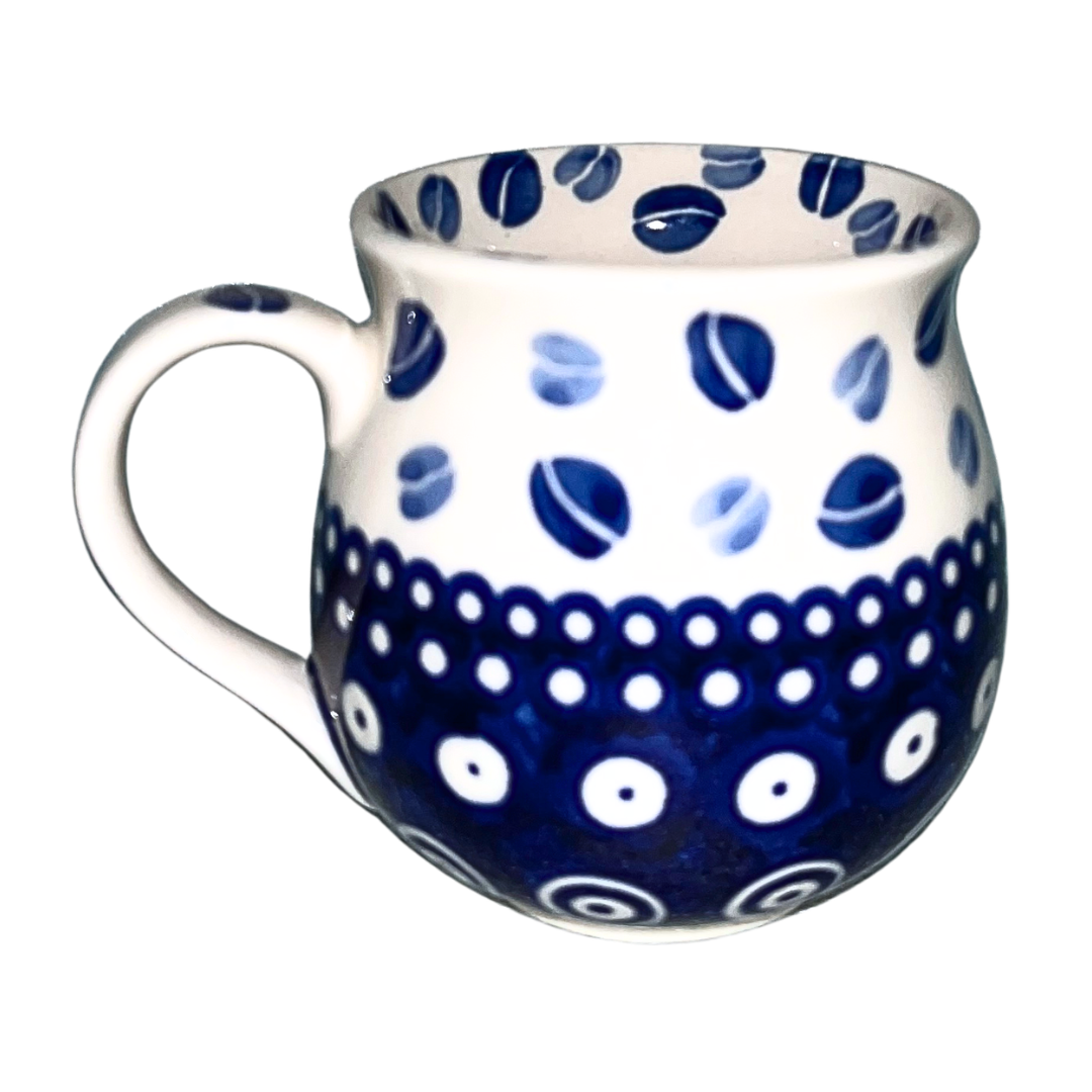 Handmade Kaola Polish Pottery in the Blue Coffee Beans pattern. Authentic Bolesławiec stoneware featuring hand-painted cobalt blue coffee bean motifs.