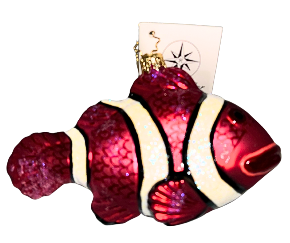 Christopher Radko Tropical Tails Red ornament—hand-painted glass tropical fish with glittered stripes. Made in Poland. Perfect for coastal or ocean-themed décor.