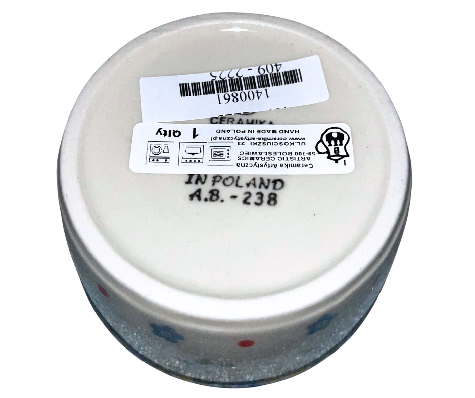 Handcrafted Polish Pottery 4 inch Ramekin in Ceramika Artystyczna Pattern 2225x Buttercup. A bright and cheery pattern with small yellow blue & orange flowers on white background