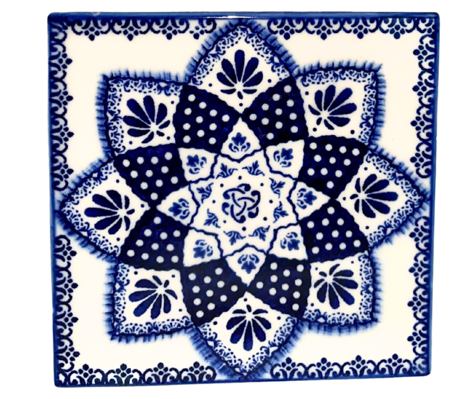 Kaola Studio Polish Pottery 6x6x.25" Ceramic Tile Cobalt Mandala