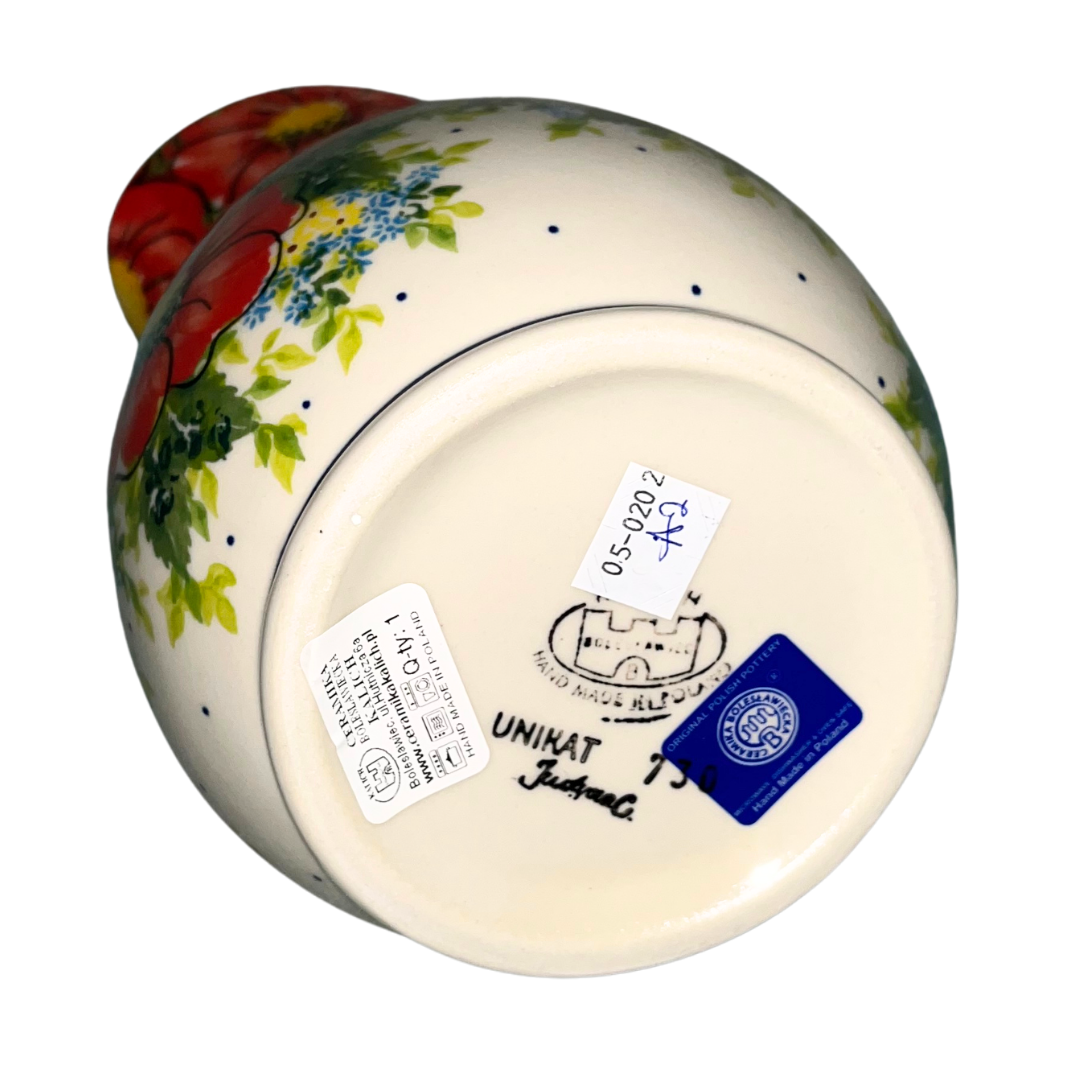 Kalich Polish Pottery Pattern 730 Red Poppy Garden, hand-painted red floral design with green foliage and cobalt accents, Bolesławiec stoneware, durable, dishwasher and microwave safe.