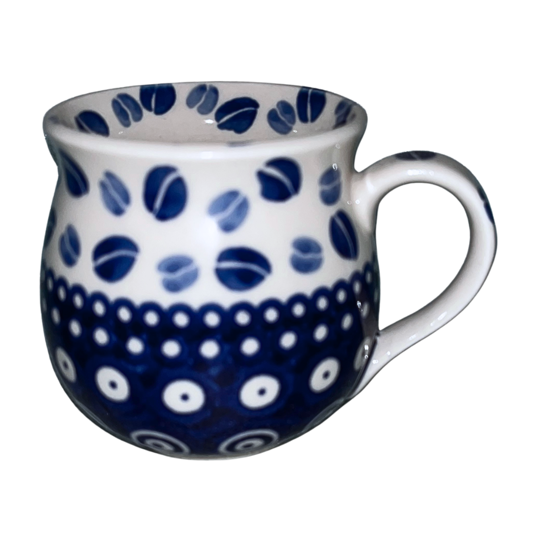 Handmade Kaola Polish Pottery in the Blue Coffee Beans pattern. Authentic Bolesławiec stoneware featuring hand-painted cobalt blue coffee bean motifs.