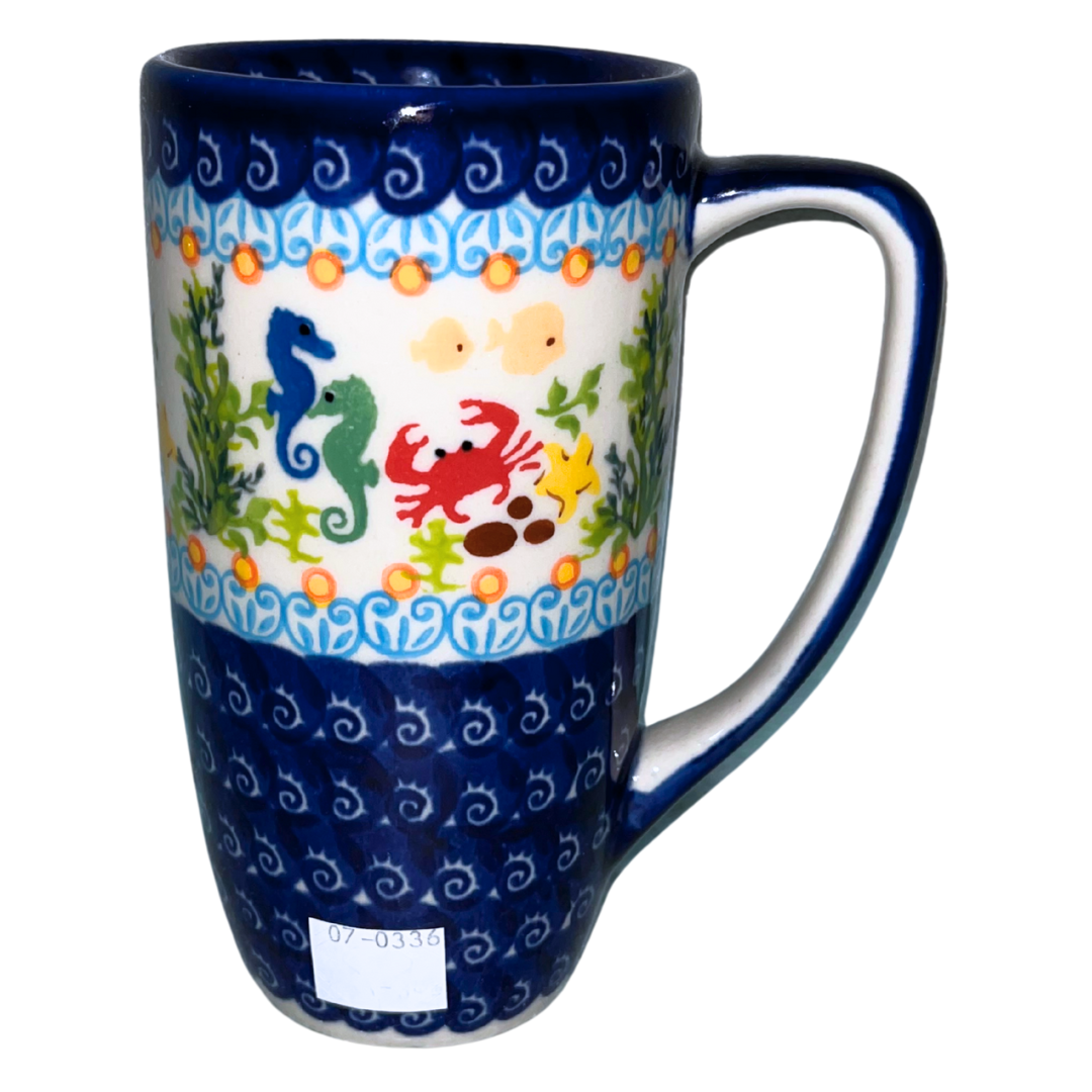 Handmade Ceramika Kalich Polish pottery in Pattern 884 Sealife with Red Crabs. Colorful coastal design featuring seahorses, starfish, and crabs. Microwave and dishwasher safe stoneware.