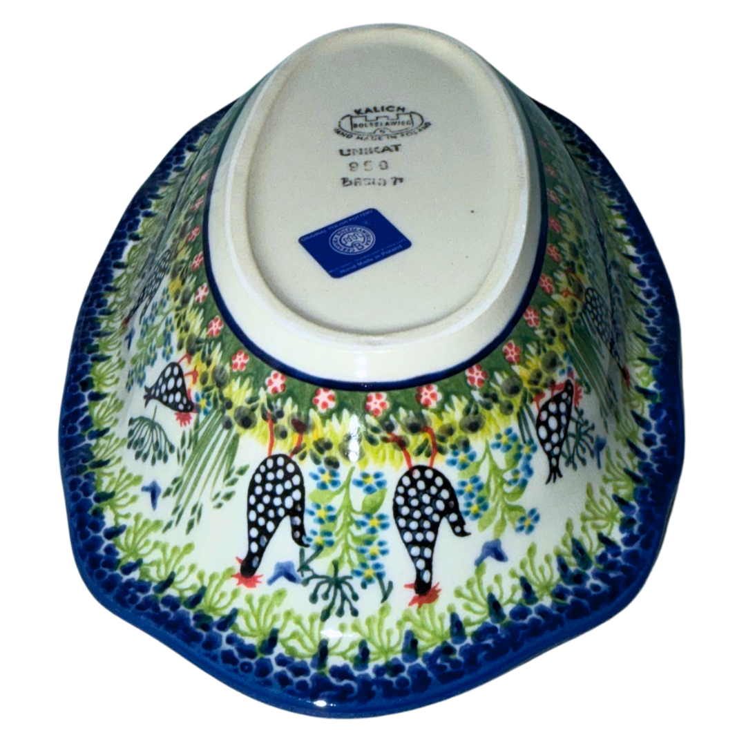 Ceramika Kalich Pattern 950 Polka Chicken Polish pottery with hand-painted hens and floral garden design. Authentic Bolesławiec stoneware, durable, dishwasher, microwave, and oven safe.